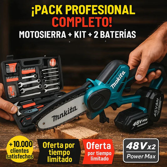 MOTOSIERRA INALAMBRICA MAKITA + KIT CAJA HERRAMIENTAS 64PCS + 2 BATERIAS 48V